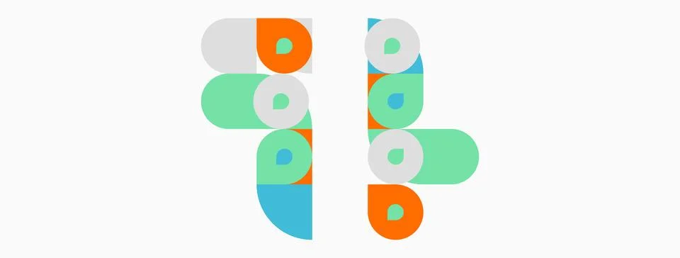 Abstract graphic features stacked circles, rectangles. Colors include orange, Stock Illustration