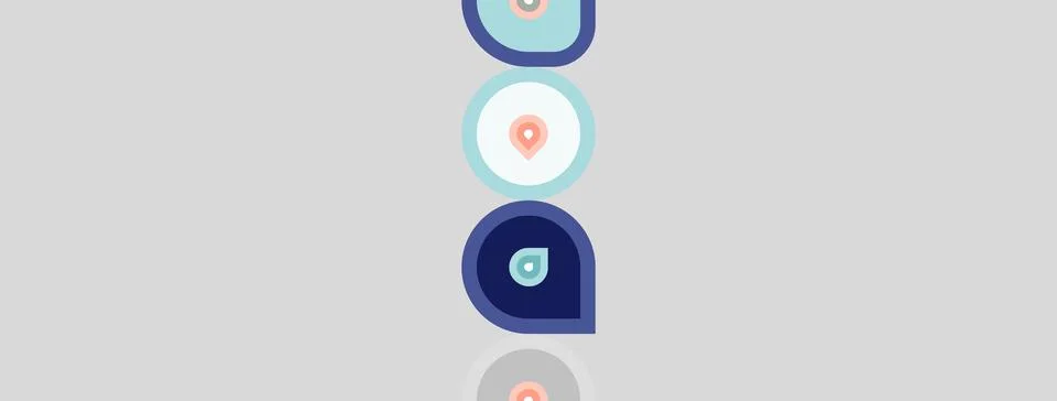 Abstract graphic features stacked circles, varying shades blue, pink marker Stock Illustration