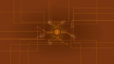 Abstract graphic featuring a central orange hexagonal hub with radiating ge.. Stock Footage 346564012