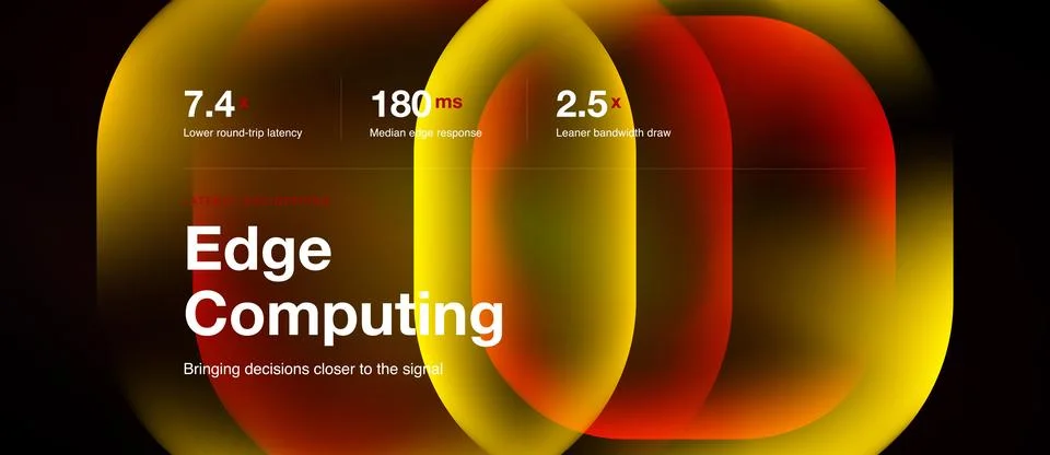 Abstract graphic highlights edge computing benefits. Metrics show latency, Stock Illustration