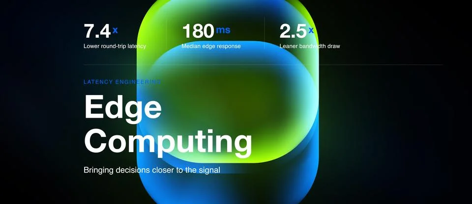 Abstract graphic highlights edge computing benefits. Numbers showcase latency 库存插图