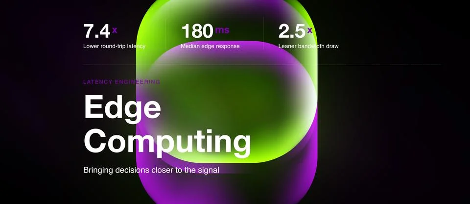Abstract graphic highlights edge computing benefits. Numbers showcase latency Stock Illustration