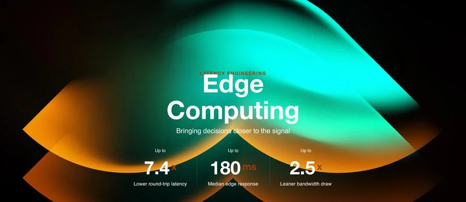 Abstract graphic promotes edge computing. Displays latency, response time, Ilustración de archivo