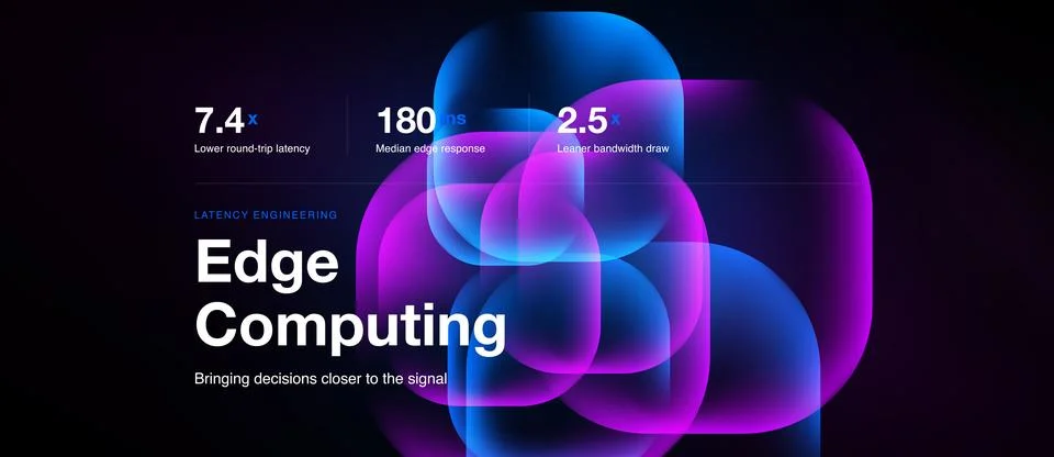 Abstract graphic promotes edge computing. Numbers highlight latency, response Stock Illustration