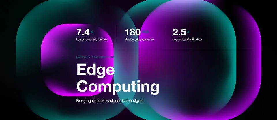 Abstract graphic showcases edge computing benefits. Metrics highlight latency Stock Illustration