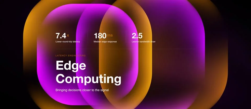 Abstract graphic showcases edge computing benefits. Metrics highlight latency Stock Illustration