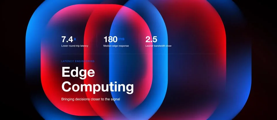 Abstract graphic showcases edge computing concept. Numbers highlight latency, Stock Illustration