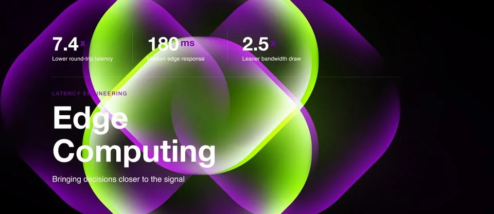 Abstract graphic showcases edge computing concept. Metrics highlight latency, 库存插图