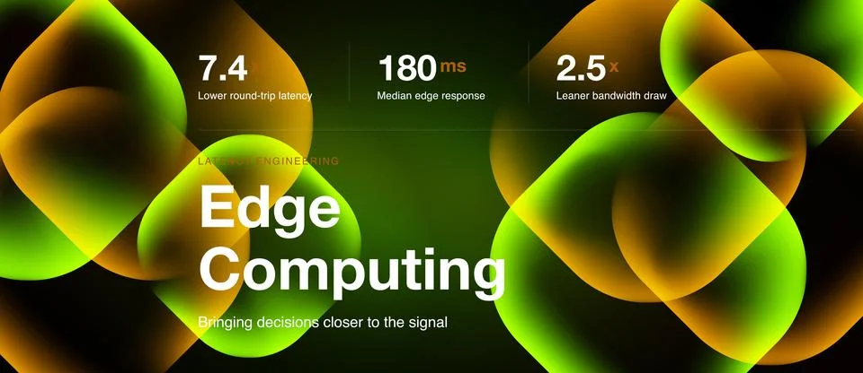 Abstract graphic showcases edge computing concept. Numbers highlight latency, Stock Illustration