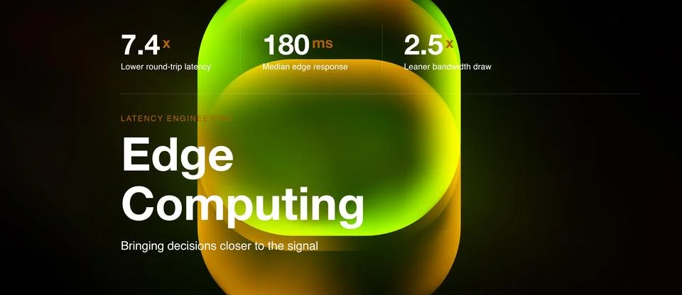 Abstract graphic showcases edge computing concept. Metrics highlight latency Stock Illustration