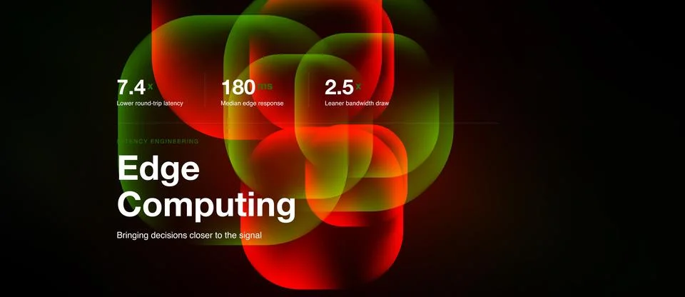 Abstract graphic showcases edge computing concept. Numbers highlight latency, Stock Illustration