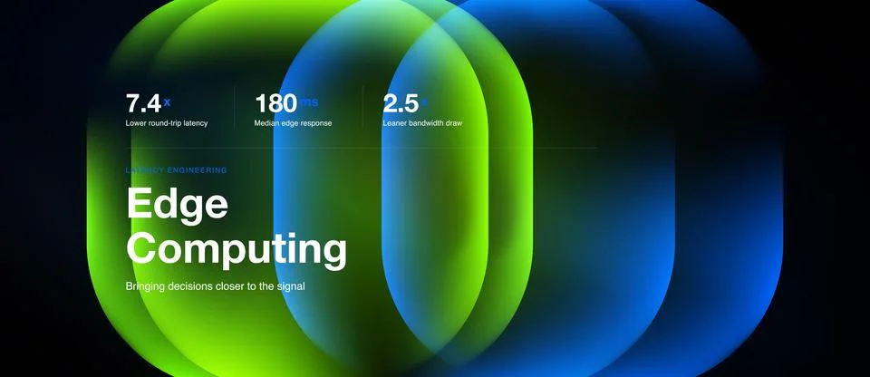 Abstract graphic showcases edge computing concept. Metrics highlight latency, Stock Illustration