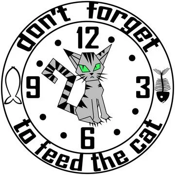 Abstract gray cat clock and the slogan don't forget to feed the cat illustr.. Stock Illustration