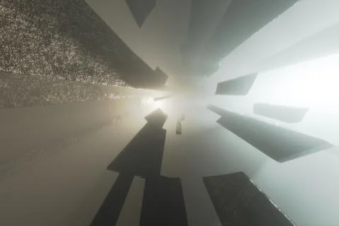 Abstract gray scale tunnel with floating geometric 3D shapes Stock Illustration