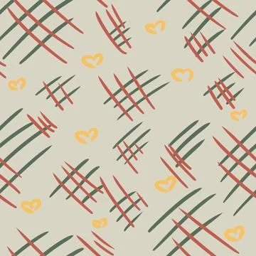 Abstract gray seamless pattern with red and green lines and yellow hearts Stockillustratie