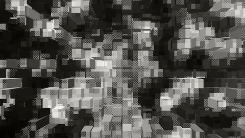 Abstract grayscale 3D cube mosaic with geometric blocks and textured patterns Stock Illustration