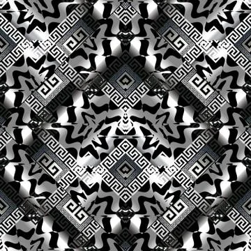 Abstract greek key vector seamless pattern. Black silver geometr Stock Illustration