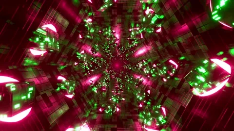 Abstract green and magenta sci-fi tunnel loop with floating futuristic cubes. 3D Stock Footage 337810054