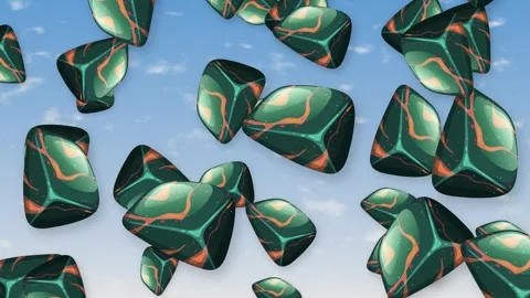 Abstract Green and Orange Patterned Objects Falling Through Blue Sky Stock Footage 342319325