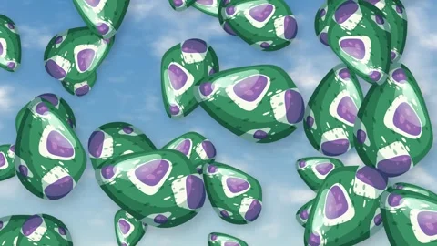 Abstract Green and Purple Patterned Objects Falling Through Blue Sky Stock Footage 342487907