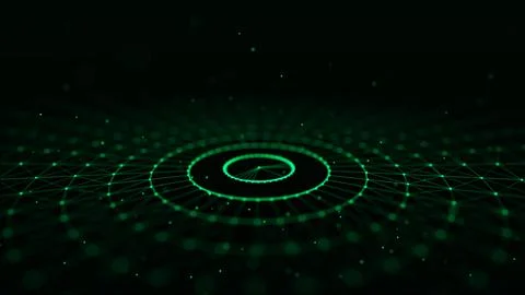 Abstract green background of circular flow of particles. Digital cyberspace.. Illustrazione stock