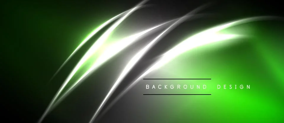 Abstract green background features flowing neon lines. Bright white streaks Stock Illustration