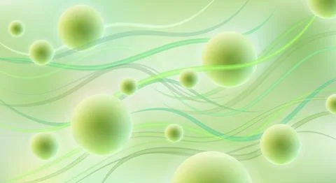 Abstract green background with floating 3D spheres and flowing wavy lines Stock-Illustration