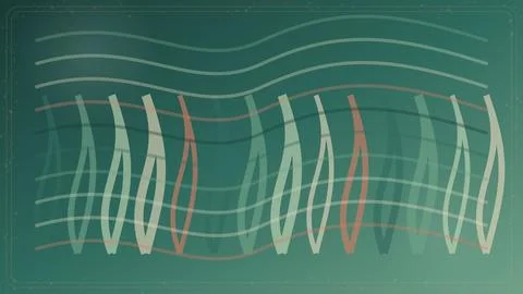 Abstract green background with rhythmic wave lines and vertical leaf shapes.. Stockillustratie