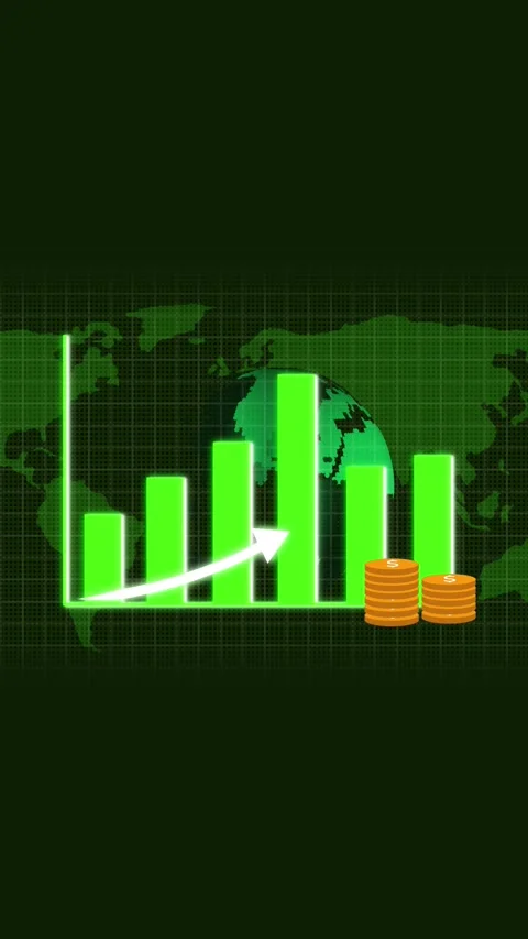 Abstract green bar chart with stacked coins and upward arrow layered over p.. Stock Footage 321631613