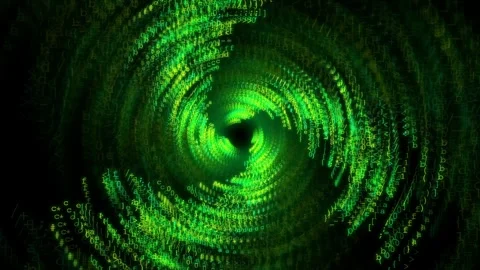 Abstract green binary code spiral rotating in a dark digital space for Stock Footage 341834502