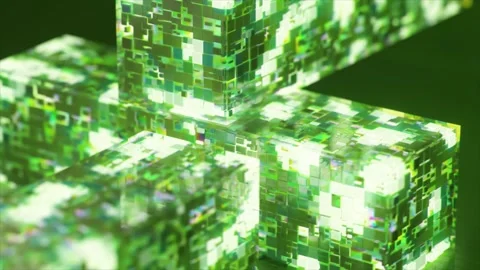 Abstract green blocks with glowing, pixelated surfaces connecting and building a Stock Footage 334042782