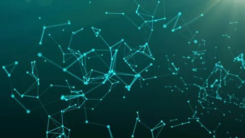 Abstract green blue digital flowing particles plexus connection moving back.. 库存插图
