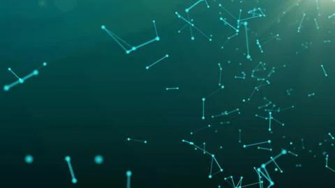 Abstract green blue digital flowing particles plexus connection moving back.. 库存插图