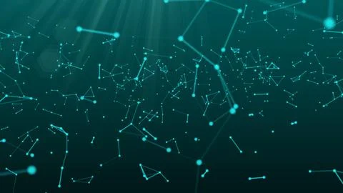 Abstract green blue digital flowing particles plexus connection moving back.. 库存插图