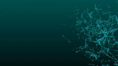 Abstract green blue digital flowing particles plexus connection moving back.. 库存插图