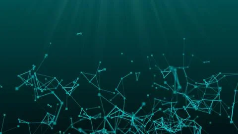 Abstract green blue digital flowing particles plexus connection moving back.. 库存插图