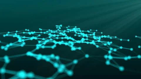Abstract green blue digital flowing particles plexus connection moving back.. 库存插图