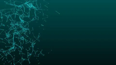 Abstract green blue digital flowing particles plexus connection moving back.. 库存插图