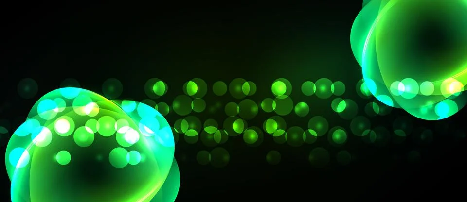 Abstract green bubbles float against dark background. Bright highlights creat Stock Illustration