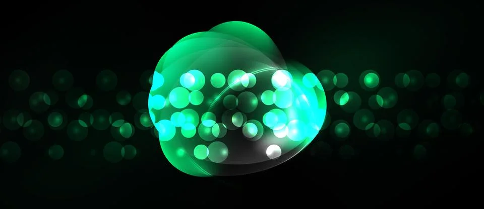 Abstract green bubbles float against dark background. Brightness varies, Illustration
