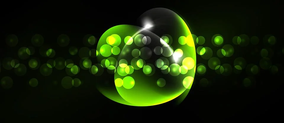Abstract green bubbles float against dark background. Bright light emanates.. Illustration