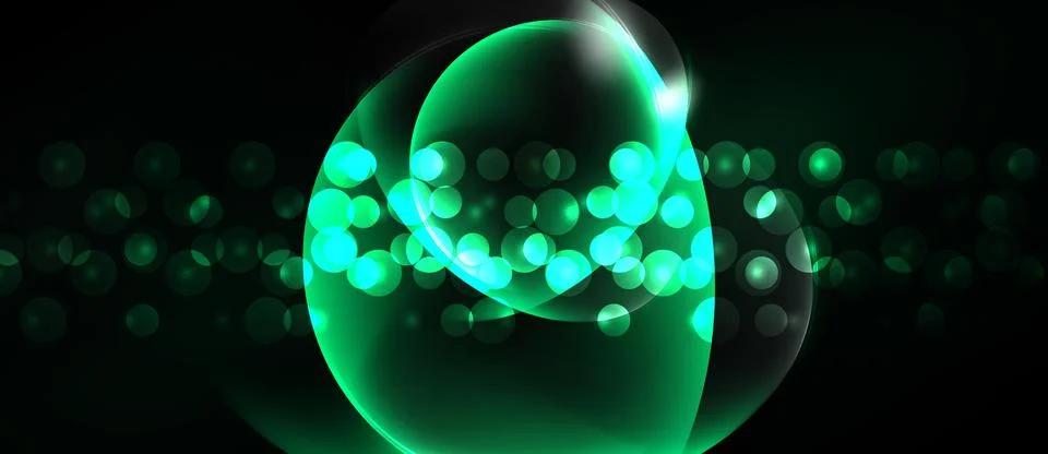 Abstract green bubbles, glowing particles, dark background. Smooth gradients Иллюстрация