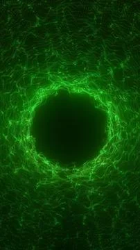 Abstract green circular vortex of glowing lines and particles, forming a fu.. Illustrazione stock