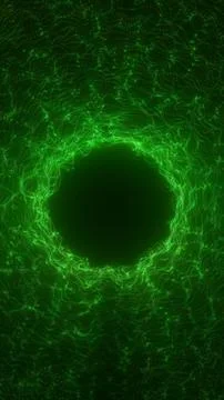 Abstract green circular vortex of glowing lines and particles, forming a fu.. Stock Illustration
