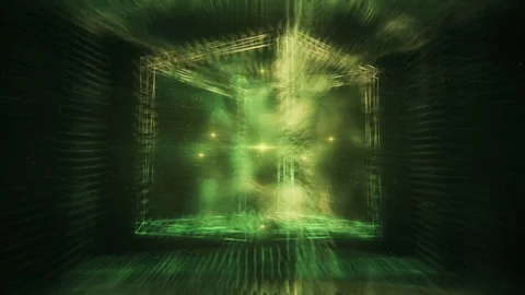 Abstract Green Cube Containing Smoky Liquid in Surreal Space - Sacred Geometry Stock Footage 104527386
