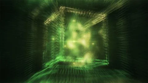 Abstract Green Cube Containing Smoky Liquid in Surreal Space - Sacred Geometry Stock Illustration
