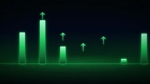 Abstract Green Digital Bar Chart with Rising Arrows on Dark Background Stock Footage 344774626