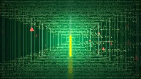 Abstract Green Digital Code Background with Scrolling Data and Warning Symbols Stock Footage 343158063