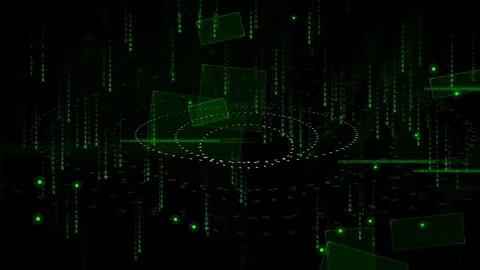 Abstract Green Digital Data Stream with Floating Geometric Shapes and Stock Footage 339319954