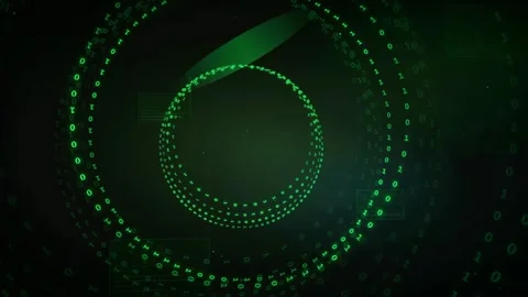 Abstract Green Digital Data Stream with Rotating Binary Code Circles on Dark Stock Footage 339320012